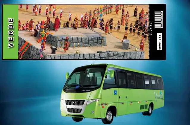 Bilhete Inti Raymi 2026. Seção verde + ônibus de turismo