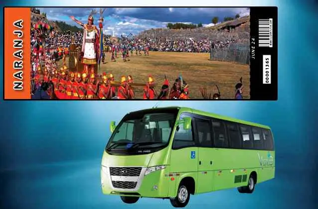 Bilhete Inti Raymi 2026. Seção laranja + ônibus de turismo